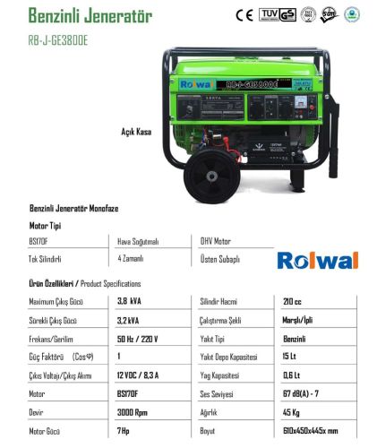 Rolwal Benzinli Jeneratör Monofaze RB-J-GE-3800E