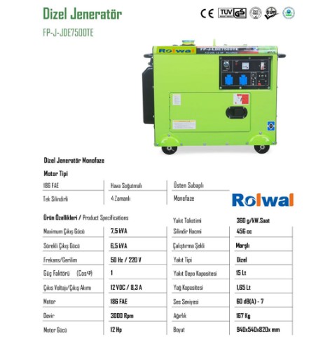 Rolwal Dizel Jeneratör Trifaze RD-FP-J-LDE7500TE